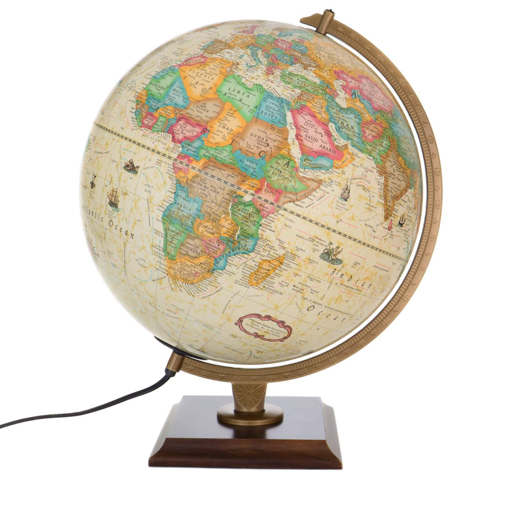 Globe Lumineux Rétro Antique 30 Cm – Style Vintage Avec LED, Carte 2023 Physique/Politique En Français, Pied Bois Stable – Idéal Décoration & École