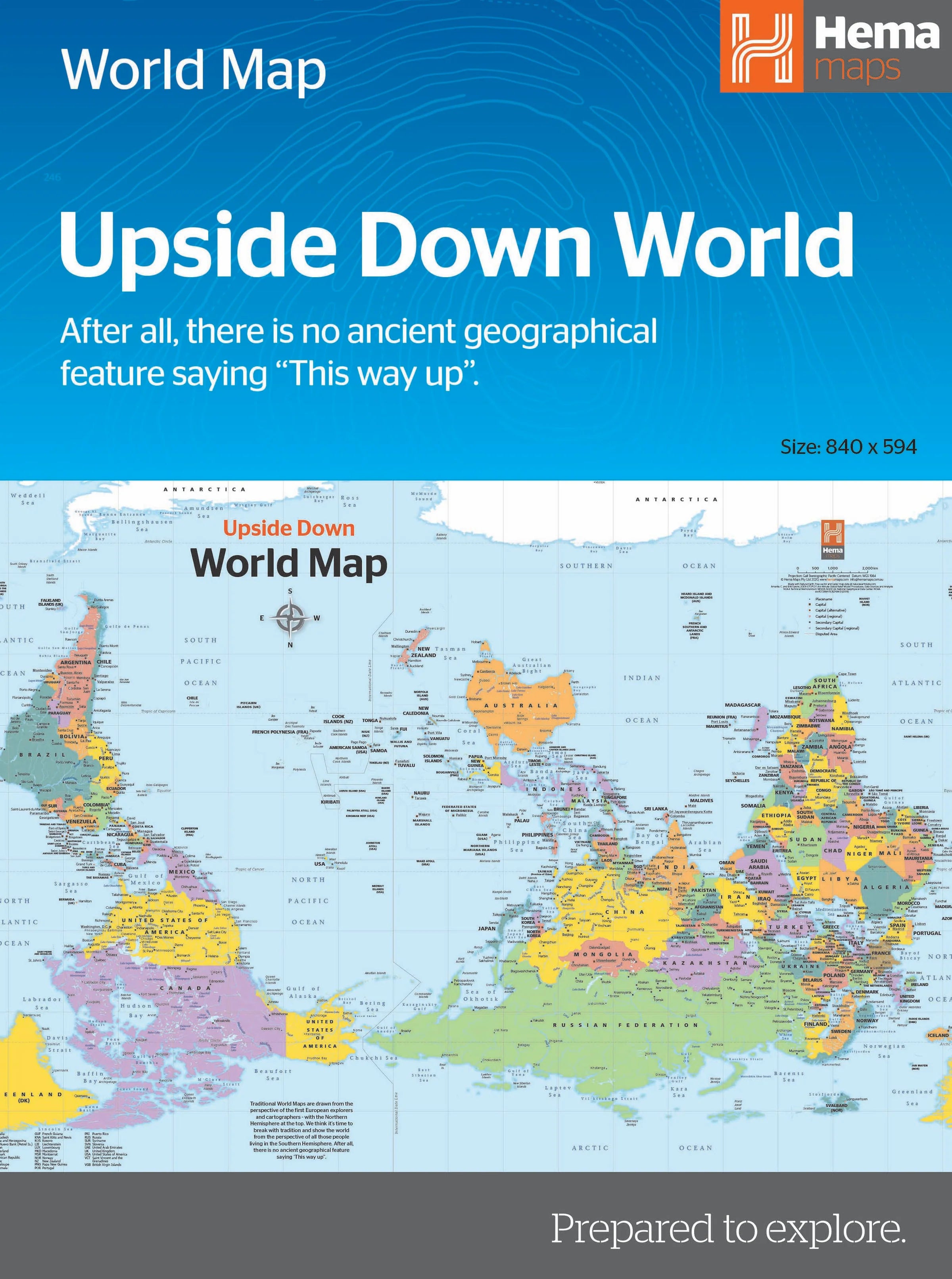Upside Down World Map Folded in Envelope (2nd Edition) by Hema Maps