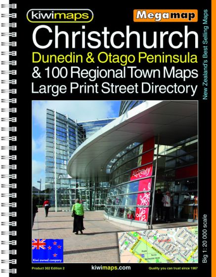 Christchurch, Dunedin & Otago Peninsula Large Print Road Map by Kiwimaps