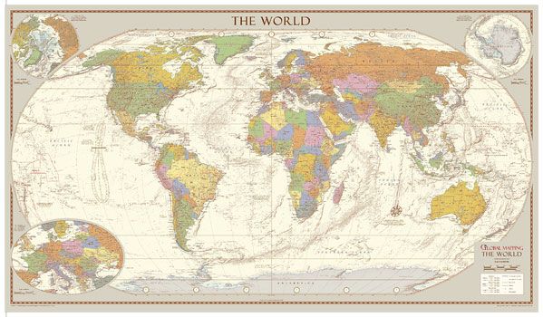 Antique Style World Wall Map Medium Wall Map by Global Mapping (2016)