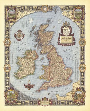 Modern Pilgrims Map of the British Isles 1937 Wall Map by National Geographic (1937)