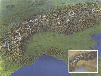 Decorative Map of the Alps Wall Map by National Geographic (1965)