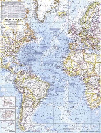 Atlantic Ocean 1968 Wall Map by National Geographic