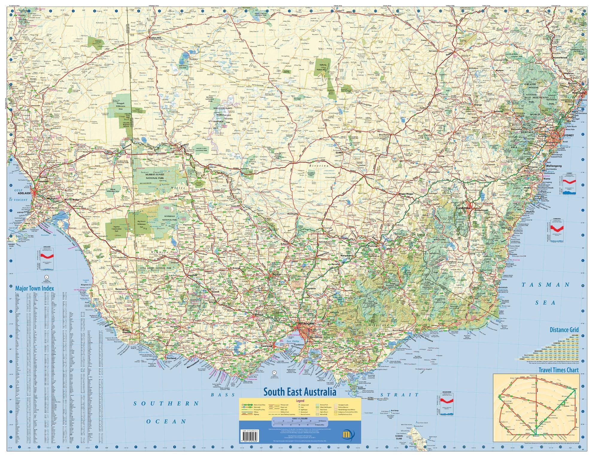 South East Australia Wall Map (flat) by Meridian Maps (2004)